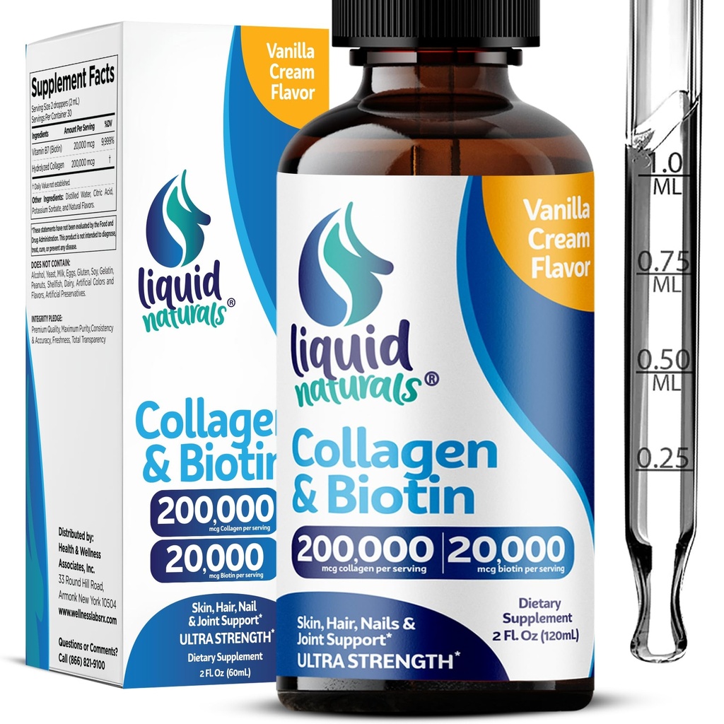 Collagène liquide et biotine, 2 Fl. Oz, Peptides de collagène ultra-forte pour les femmes, Biotine testée en troisième partie pour les femmes de croissance capillaire, les ongles et les vitamines de la peau B7 Collagèneno Peptides – Vanilla Flavor