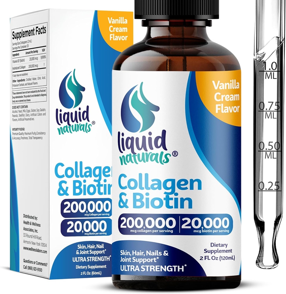Collagène liquide et biotine, 2 Fl. Oz, Suppléments de collagène ultra-strength pour les femmes, Biotine testée de troisième partie pour les femmes de croissance capillaire, les ongles et les vitamines de la peau B7 Collagèneno Peptides – Vanilla Flavor