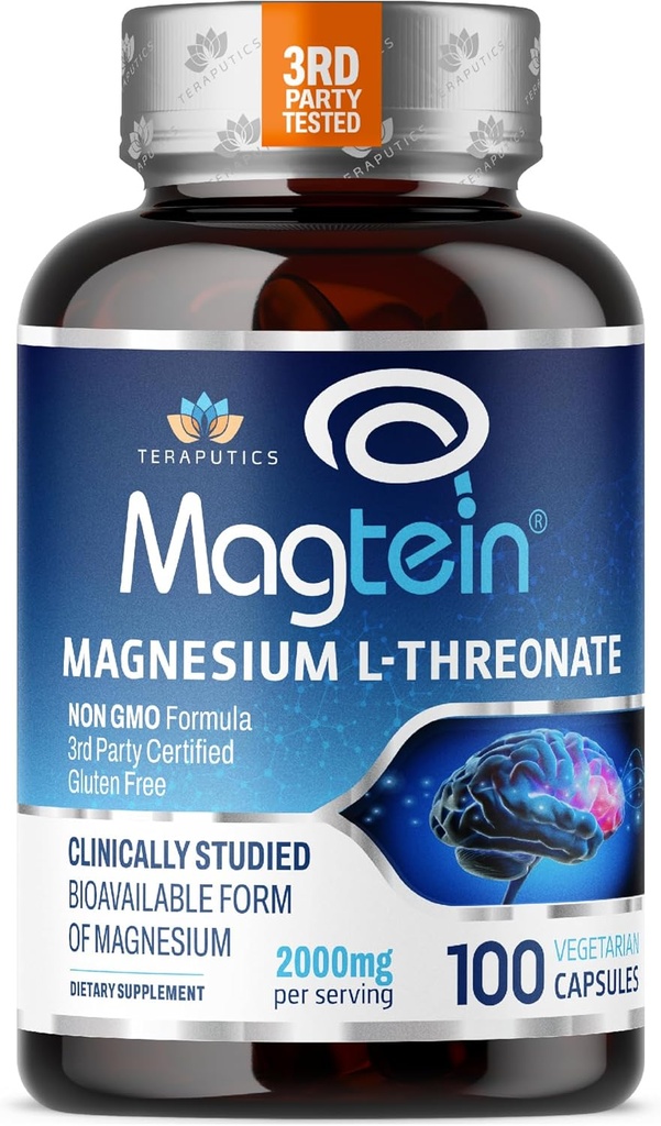 Thréonate de magnésium L, MagteinTM, Supplément Cerveau pour mémoire, focus, sommeil et soutien cognitif, haute absorption Thréonate de magnésium L, non-OGM, sans effet laxatif – 2000 mg, 100 capsules véganes