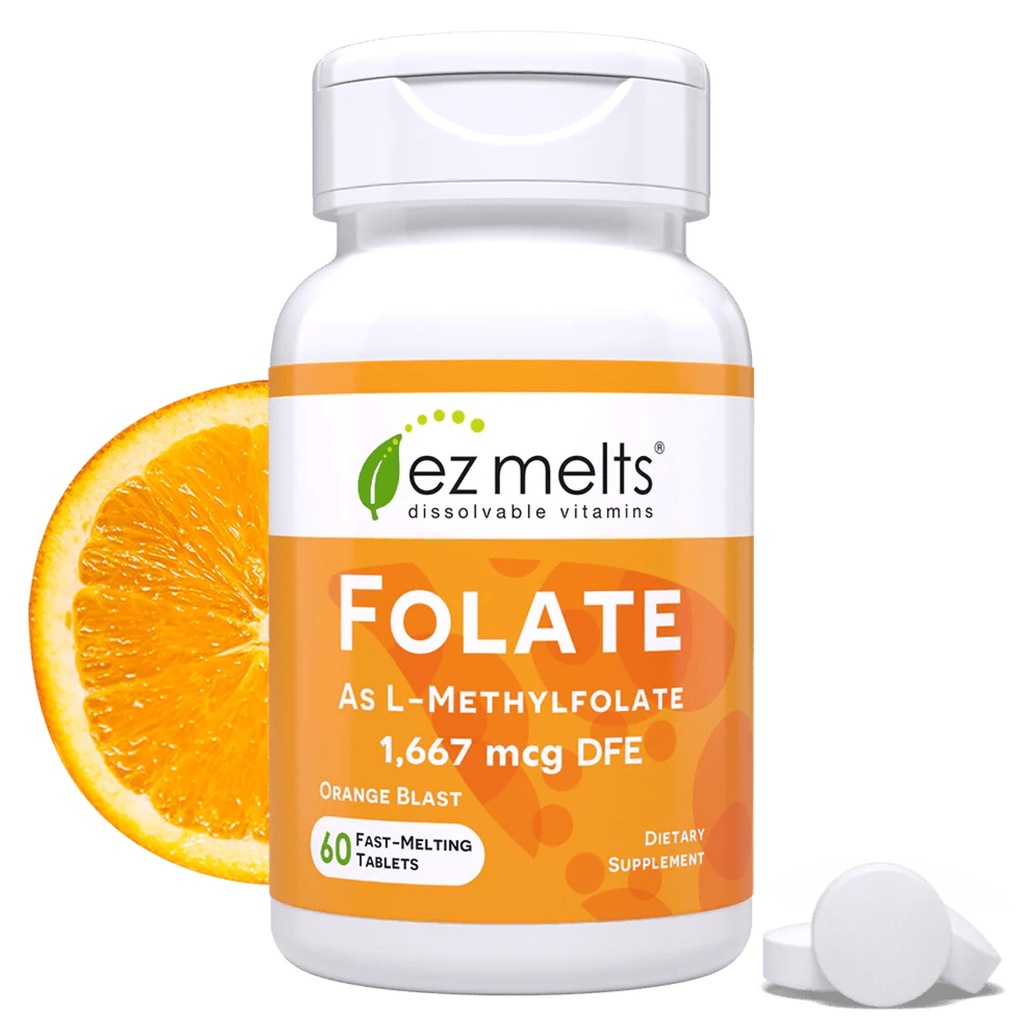EZ Melts Dissolvable Folate 1,667 mcg, L-méthylfolate, sans sucre, 2 mois d'approvisionnement - 1 paquet