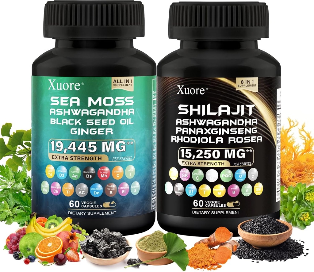 L'ensemble de Shilajit et la mousse de mer, la mousse de mer, l'huile de graines noires, Ashwagandha, Ginger, Shilajit, Rhodiola Rosea, Panax Ginseng,120 capsules toutes en un seul supplément,(1 paquet).