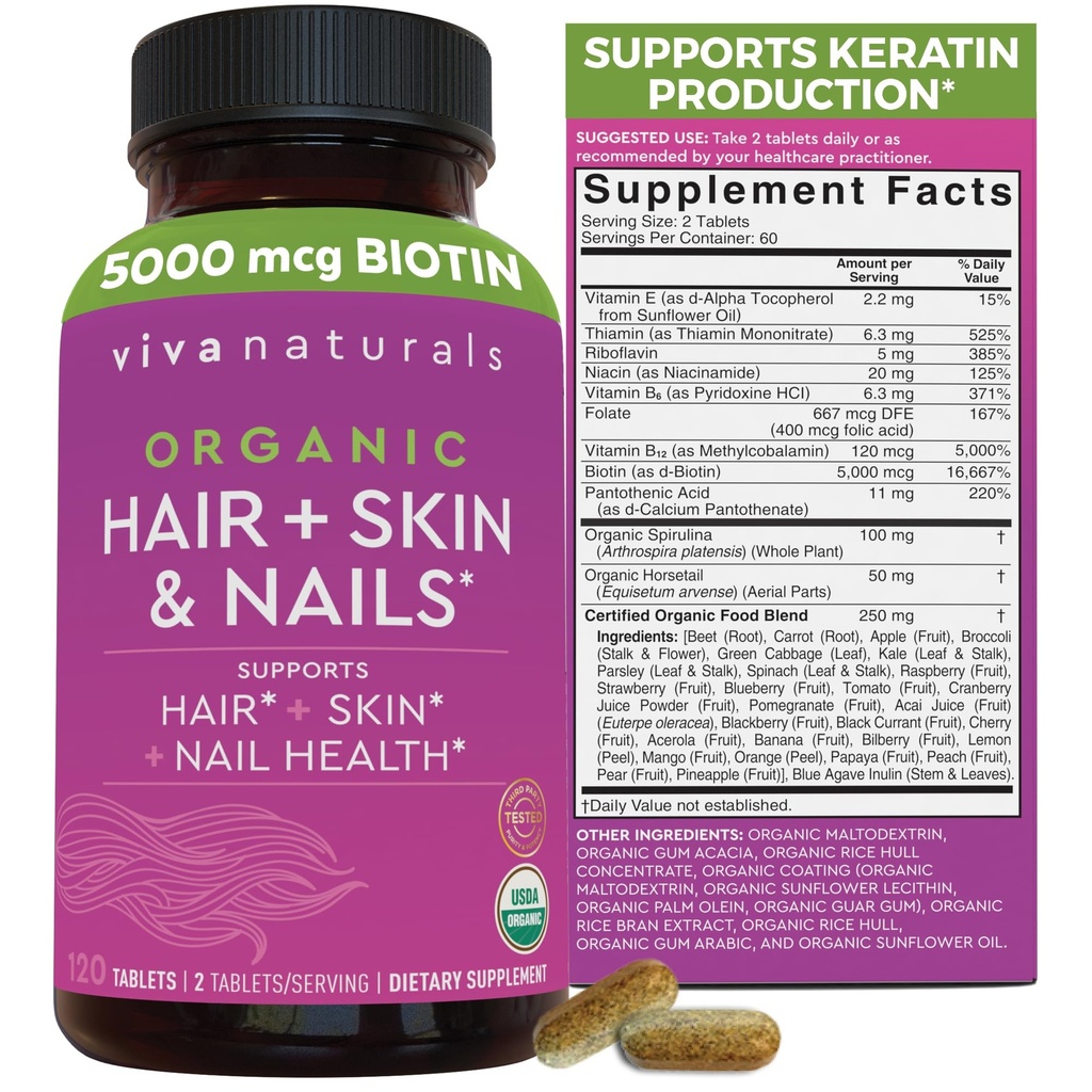 Biotine 5000 mcg Huiles de peau pour cheveux Vitamines pour les femmes – Supplément biologique et végétarien-friendly avec vitamine E, B-Vitamines, Spiruline, Cavalier et Super Food Blend pour aider à produire de la kératine – 120 Compte