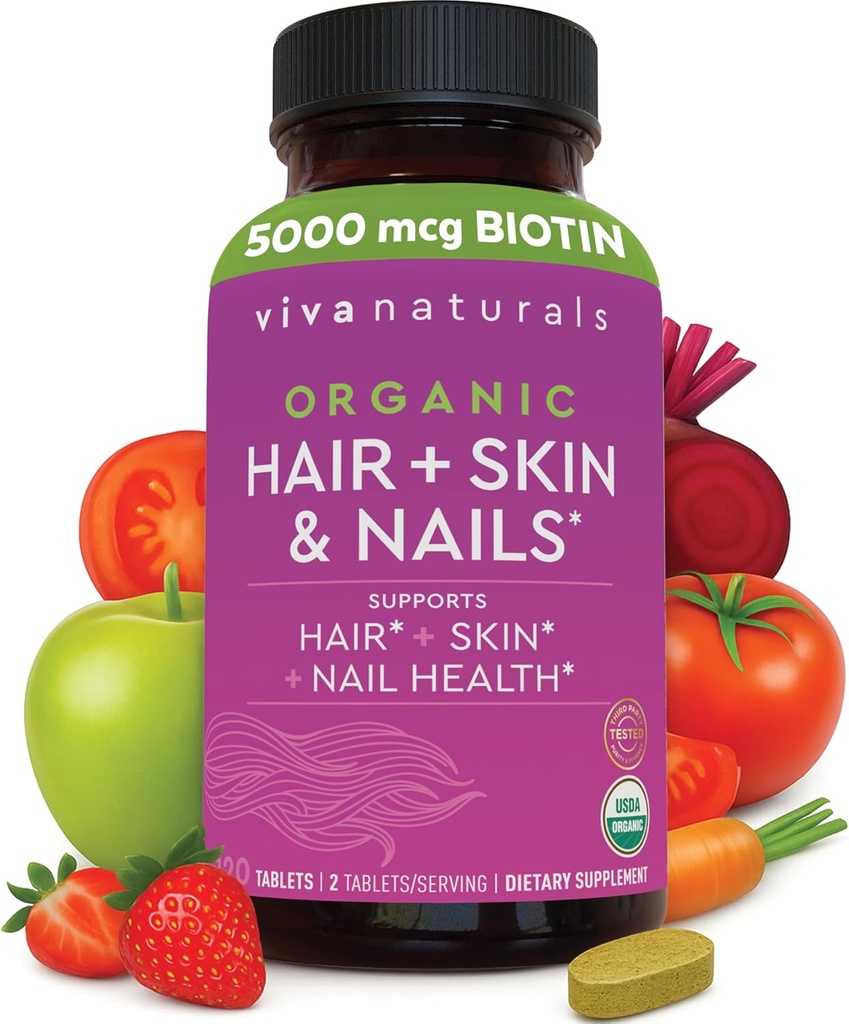 Biotine 5000 mcg Skin Nails Vitamines pour les femmes – Supplément biologique et végétarien-friendly avec la vitamine E, B-Vitamines, Spiruline, Cavalier et Super Food Blend pour aider à produire de la kératine – 120 Compte