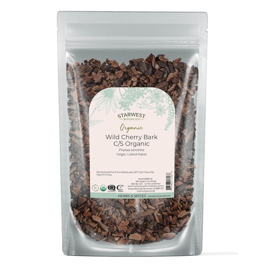 Starwest Botanicals Wild Cherry Bark Organic - Feuilles de feuilles séchées pour le thé, le sirop et les mélanges naturels à base de plantes, Prunus Sérotina, coupé et tamisé, casher certifié, non-OGM - 4 oz Pouch