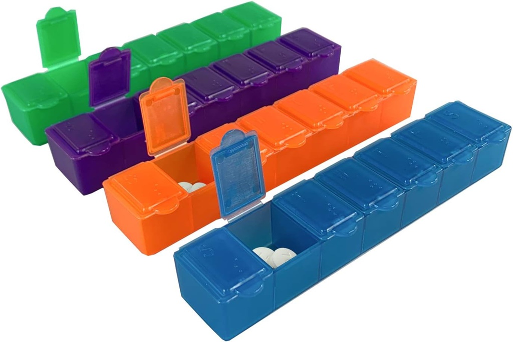 États-Unis Merchant - Boîte à pilules de 7 jours Petit avec Snap Fermer les lids - Organisateur hebdomadaire de pilules 4 fois par jour ou 28 jours Dispensateur - Livré avec 4 contenants de pilules de 7 jours distincts pour les vitamines, suppléments et la médecine