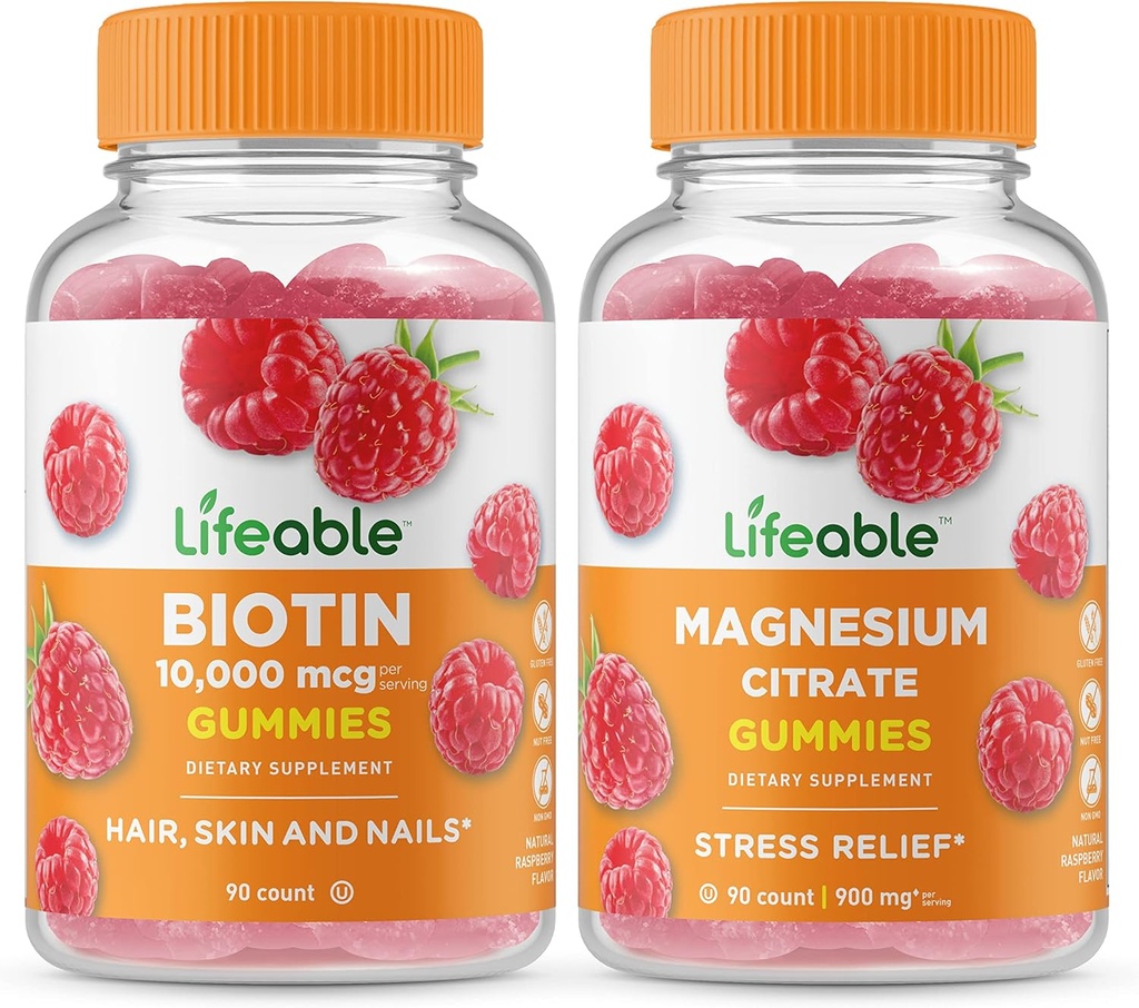 Biotine Lifeable + Magnésium, Gommies Bundle - Grande dégustation, supplément de vitamine, sans gluten, sans OGM, à mâcher
