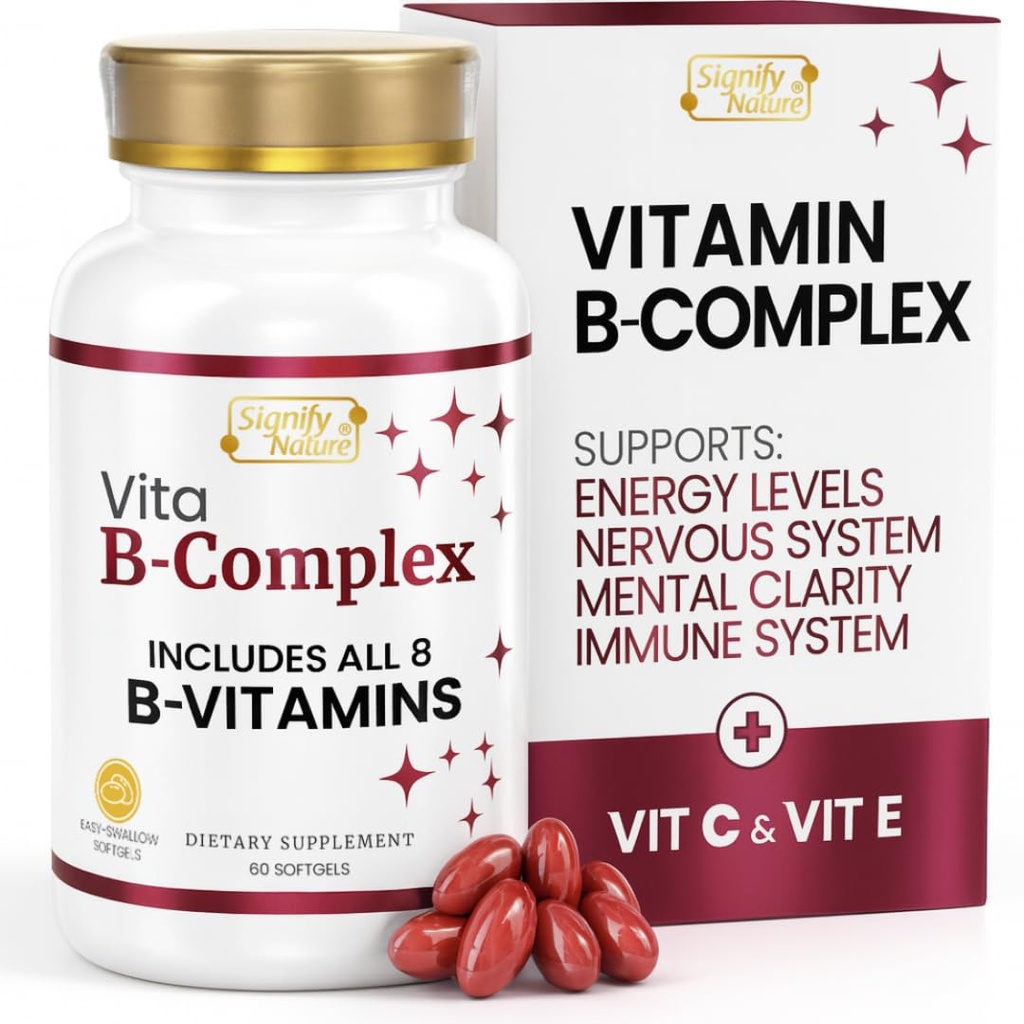 SIGNIFY NATURE VitaBComplexe avec vitamine C et E, B vitamines complexes pour les femmes et les hommes, BComplex suppléments, VIT B1, B2, B3, B5, B6, B8, B9, B12, Super B Softgels - 60 CT