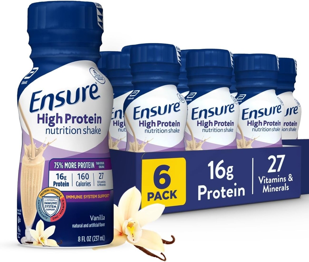 Assure une nutrition à haute teneur en protéines Vanille agiter avec fibre, prêt à boire, 16g de protéines et 27 vitamines et minéraux, 8 fl oz, 6 Pack