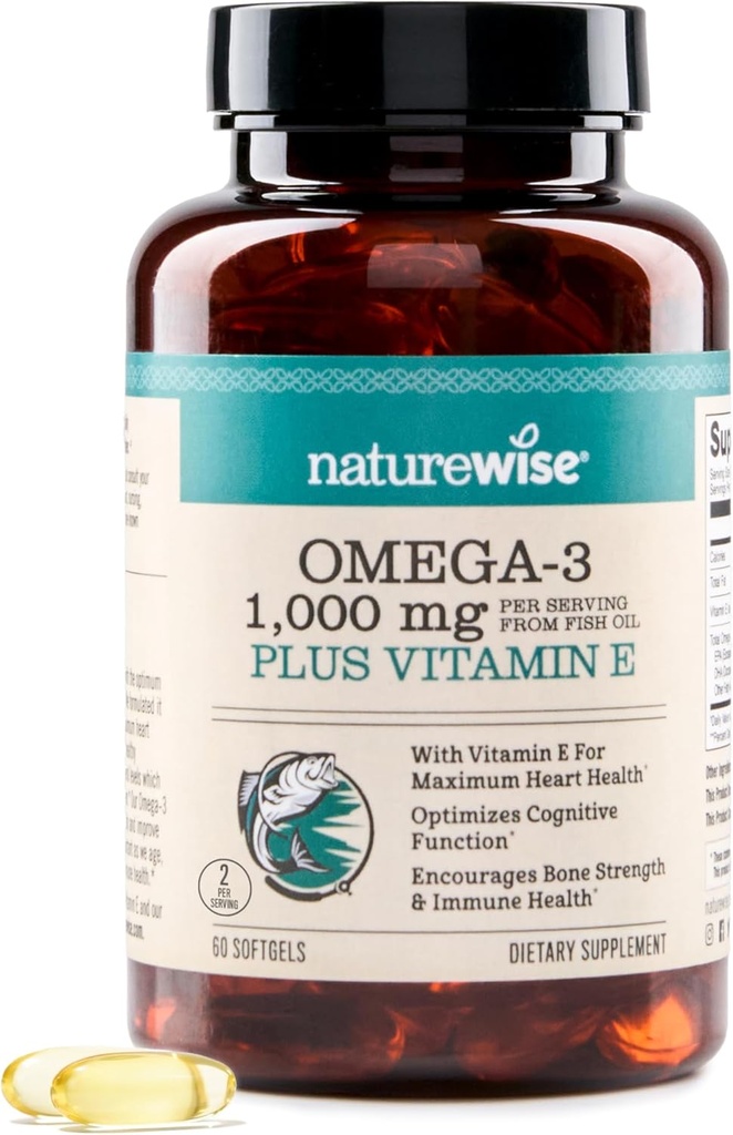 NatureWise Extra-Strength Omega 3 Supplément à l'huile de poisson - 1000mg par portion - 600 EPA & 400 DHA et vitamine E - Soutien à la santé du coeur et du cerveau - Saveur de citron, sans OGM - 60 Softgels[1-Mois]