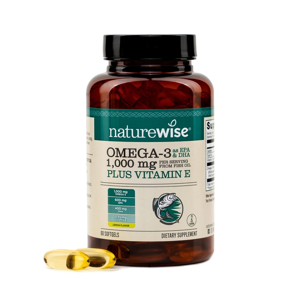 NatureWise Extra-Strength Omega 3 Supplément à l'huile de poisson - 1000mg par portion - 600 EPA & 400 DHA et vitamine E - Soutien à la santé du coeur et du cerveau - Saveur de citron, sans OGM - 60 Softgels[1-Mois]