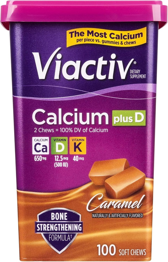 Viactiv Calcium Plus Supplément vitamine D Mâches molles, Caramel, 100 Compte
