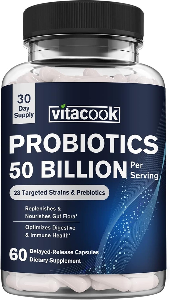 Probiotiques 50 milliards, 23 souches avec des prébiotiques organiques, soutien digestif et immunitaire, gel-séché, libération retardée, mieux qu'une douzaine de yaourts, 60 bouchons végétaliens