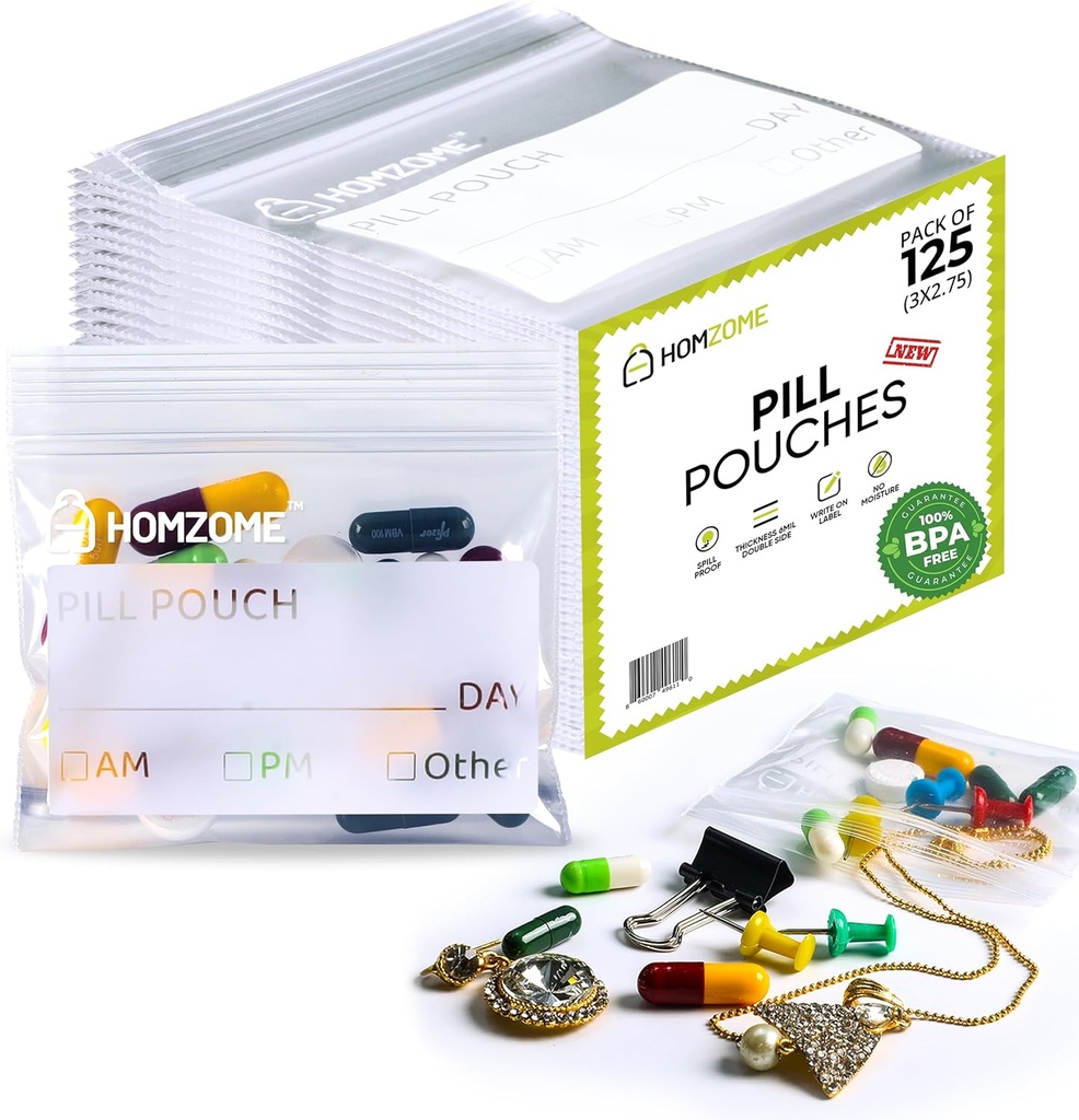 Sacs à pilules 6 mil -Pack of 125- BPA Free 3x2,75 pouces Pochettes à pilules réutilisables pour la médecine avec Écrire sur l'étiquette Effacer les petits sacs à fermeture éclair pour les pilules, les bijoux et l'organisateur de pilules de voyage (Pack of 125)