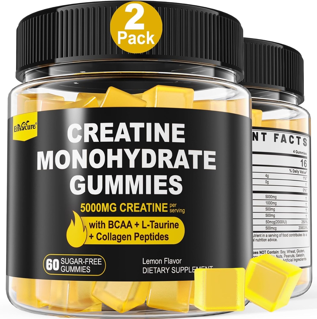 Gommies monohydratées de créatine pour hommes et femmes - avec BCAA, Peptides de collagène, L-Taurine, Vitamine B12, D3, Chewables Monohydrate de créatine 5g par portion, Saveur de citron naturel, sans sucre, 2 Pack
