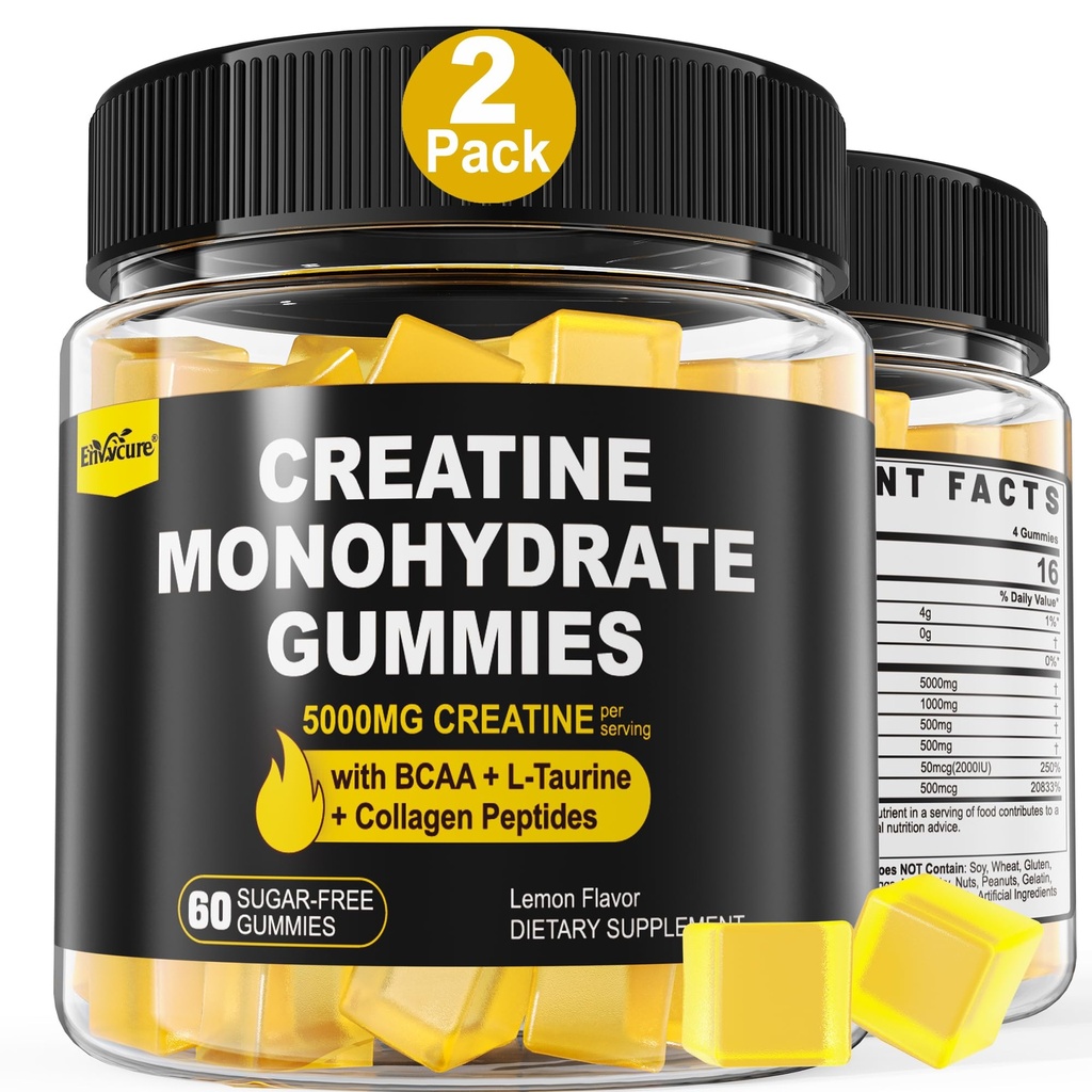 Gommies monohydratées de créatine pour hommes et femmes - avec BCAA, Peptides de collagène, L-Taurine, Vitamine B12, D3, Chewables Monohydrate de créatine 5g par portion, Saveur de citron naturel, sans sucre, 2 Pack