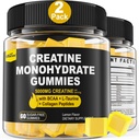 Gommies monohydratées de créatine pour hommes et femmes - avec BCAA, Peptides de collagène, L-Taurine, Vitamine B12, D3, Chewables Monohydrate de créatine 5g par portion, Saveur de citron naturel, sans sucre, 2 Pack
