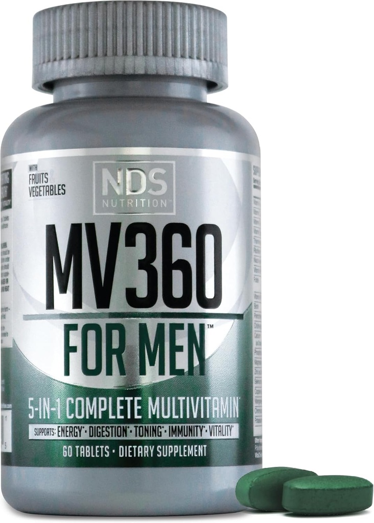 NDS Nutrition MV360 Pour les hommes, multivitamine 5-en-1 complète pour les hommes avec des vitamines essentielles pour l'énergie, la digestion, le tonification, le soutien immunitaire et la santé et la vitalité des hommes, 60 comprimés, 30 portions