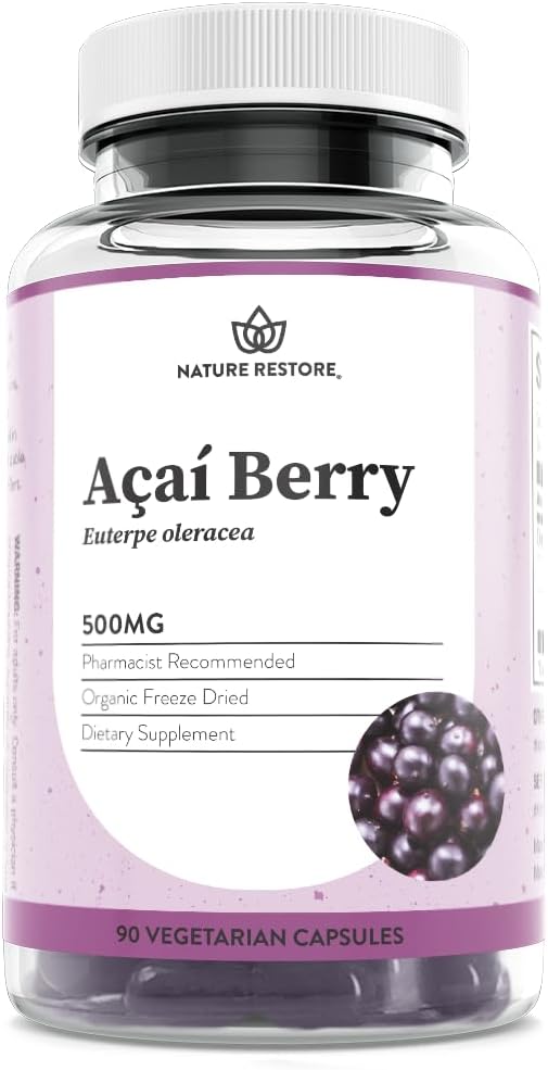 Nature Restore supplément de baies d'açai biologique, congélateur séché, 90 capsules de baies d'açai, non OGM, sans gluten, végétalien