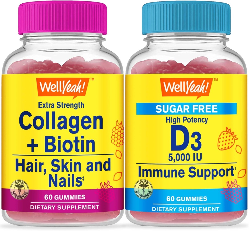 Eh bien oui Collagène + Biotine + Vitamine D3 5 000 UI sans sucre, Gummies Bundle - Grande dégustation, supplément de vitamine, sans gluten, sans OGM, Gummy à croquer