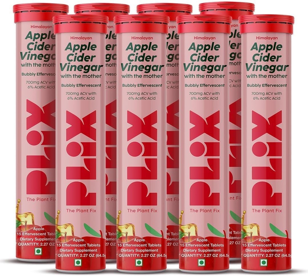PLIX - THE PLANT FIX Comprimés effervescents de vinaigre de cidre de pomme avec la mère, 700mg de vinaigre de cidre de pomme avec VIT B12, B6, Paquet de 8''Vegan, Pas de sucre ajouté, sans OGM et sans gluten