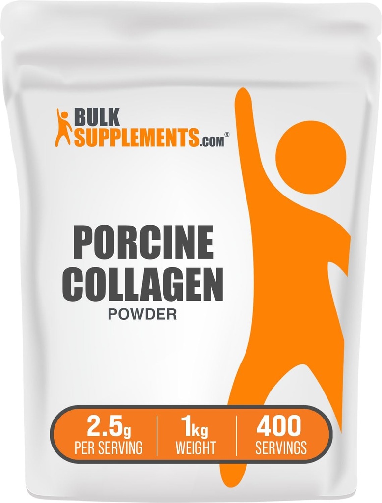BulkSupplements.com Poudre de collagène de porc - Supplément de collagène hydrolysé, pour cheveux, peau et ongles - Sans aromatisé et sans gluten, 2,5g par portion, 1kg (2,2 lbs) (paquet de 1)
