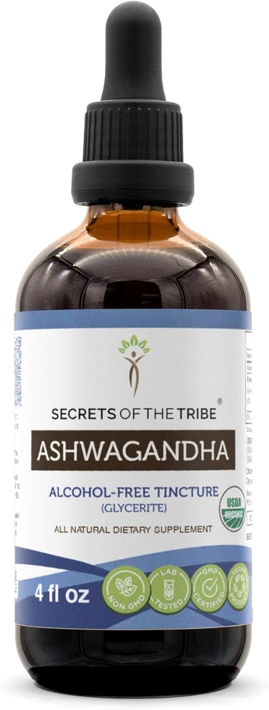 Ashwagandha USDA Organic Tincture Alcohol-Free Extract, Ashwagandha Withania Somnifera Anti-Stress and Relaxation 4 OZ