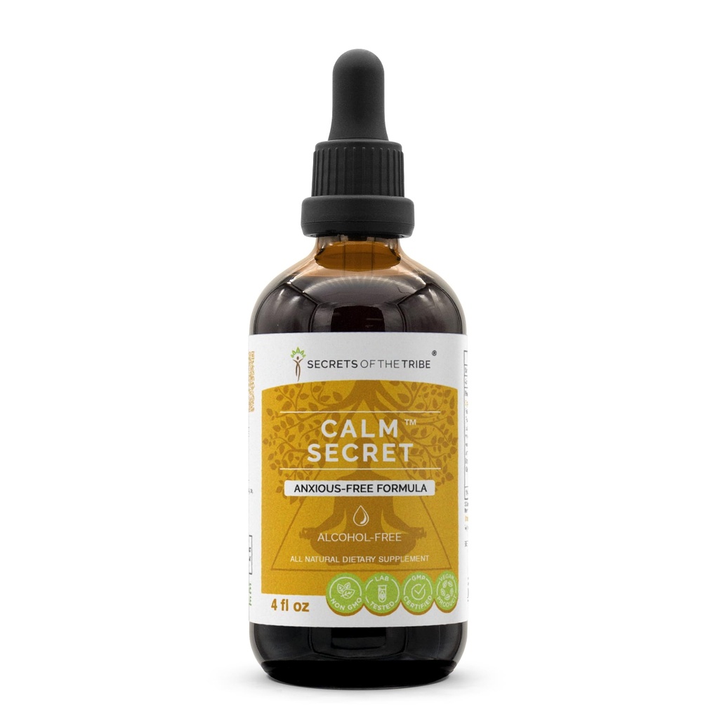 Secrets de la tribu - Secret calme, supplément à base de plantes Mélange gouttes sans alcool extrait liquide, formule sans anxiosité (4 fl oz)
