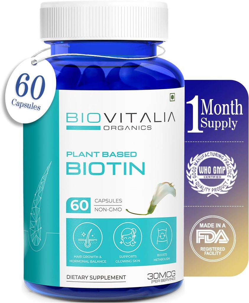 Plant Based Pure Biotin Supplement Capsules- Support Stronger Nails & Hair Growth Enriched with Sesbania Grandiflora Sunflower Seeds Amla Beetroot & Spinach - 60 Veg Capsules