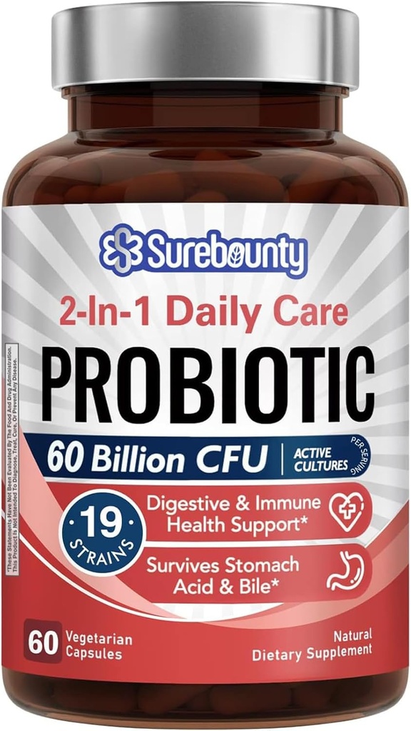 Probiotiques 60 milliards CFU 19 souches pour les hommes et les femmes, avec 100mg Prébiotique, plateau stable, 2-en-1 Soins quotidiens Probiotique, non-OGM, santé digestive et immunitaire, 60 Capsules de Véggie