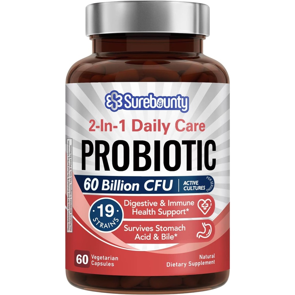 Probiotiques 60 milliards CFU 19 souches pour les hommes et les femmes, avec 100mg Prébiotique, plateau stable, 2-en-1 Soins quotidiens Probiotique, non-OGM, santé digestive et immunitaire, 60 Capsules de Véggie