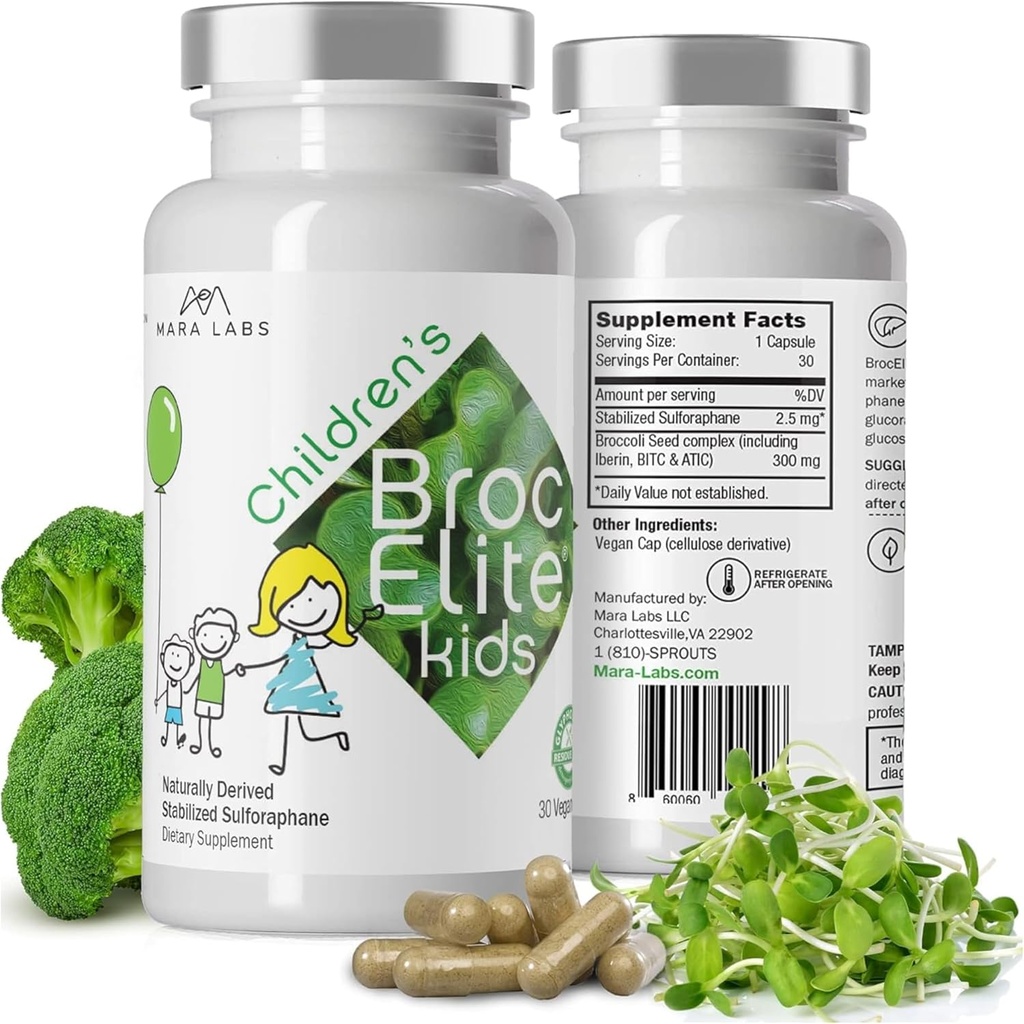 Mara Labs Kids | Broccoli Supplement w/Naturally Stabilized Sulforaphane Extract for Children | No Glyphosate Residue | 30 Vegan Capsules