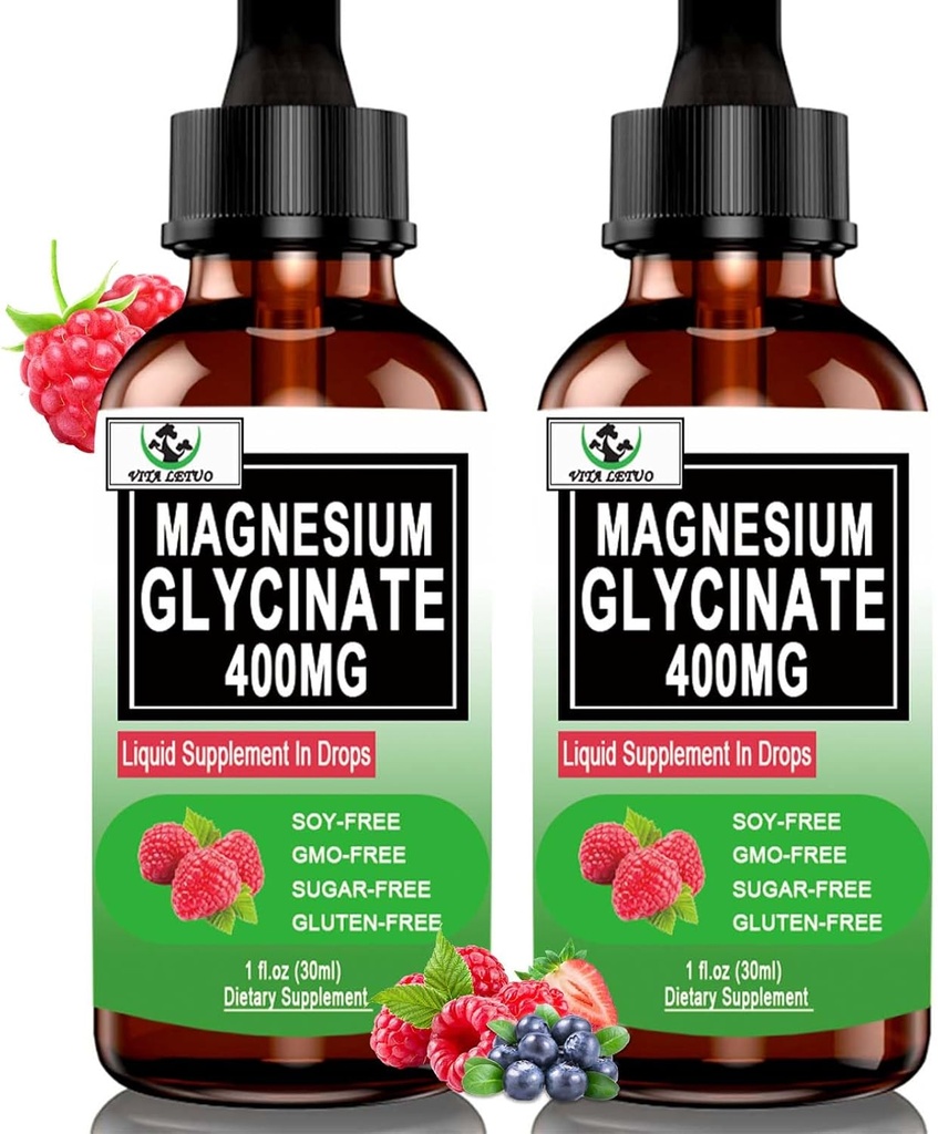(2 Pack) Glycinat de magnésium gouttes liquides, 6X supplément de magnésium liquide à haute absorption pour os, sommeil, crampes de sang et soutien immunitaire, Glycinat de magnésium pur 400mg pour les femmes hommes, végétal, non-OGM