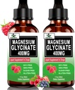 (2 Pack) Glycinat de magnésium gouttes liquides, 6X supplément de magnésium liquide à haute absorption pour os, sommeil, crampes de sang et soutien immunitaire, Glycinat de magnésium pur 400mg pour les femmes hommes, végétal, non-OGM