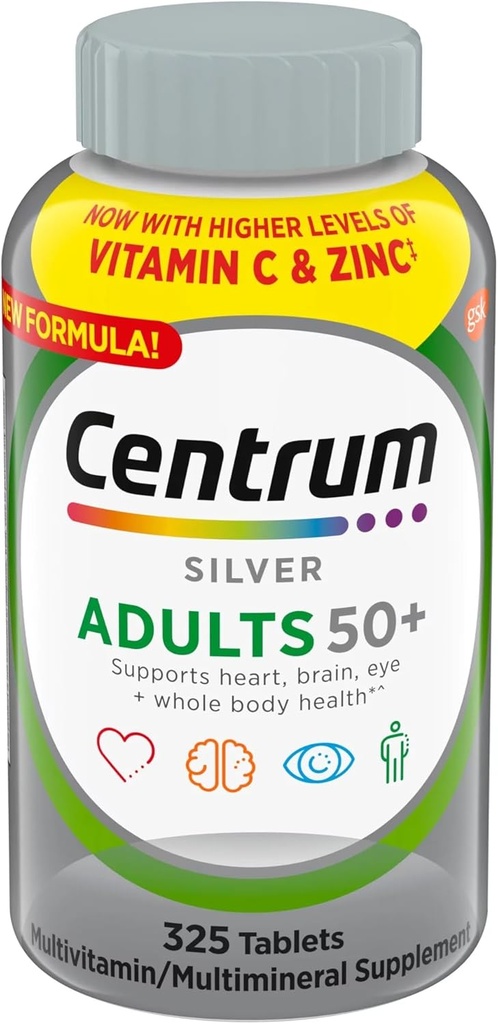 Centrum Argent Adultes 50+ Multivitamine, 325 Comprimés+ Ensemble avec VITACARE Whistle Key Chain pour l'extérieur