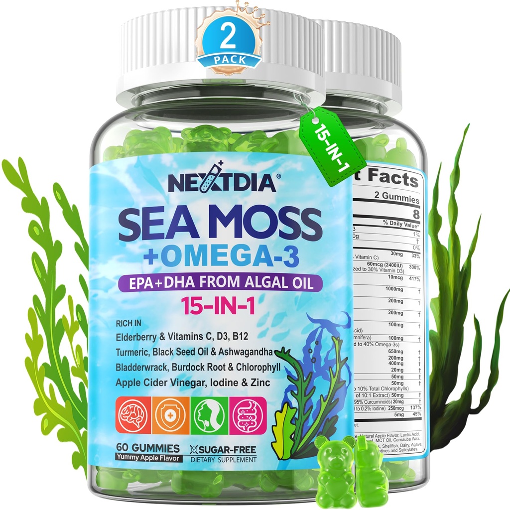 Mousse de mer Gummies + Algae Omega-3 pour adulte, 15-IN-1 Bio Irish Sea Moss Superfood avec/vitamines C D3 B12, Turmeric, Bladderwrack, soutient l'énergie, cerveau, immunitaire, vitalité quotidienne, sans sucre, 120 Cts