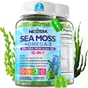 Mousse de mer Gummies + Algae Omega-3 pour adulte, 15-IN-1 Bio Irish Sea Moss Superfood avec/vitamines C D3 B12, Turmeric, Bladderwrack, soutient l'énergie, cerveau, immunitaire, vitalité quotidienne, sans sucre, 120 Cts