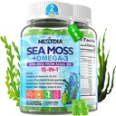 Mousse de mer Gummies + Algae Omega-3 pour adulte, 15-IN-1 Bio Irish Sea Moss Superfood avec/vitamines C D3 B12, Turmeric, Bladderwrack, soutient l'énergie, cerveau, immunitaire, vitalité quotidienne, sans sucre, 120 Cts