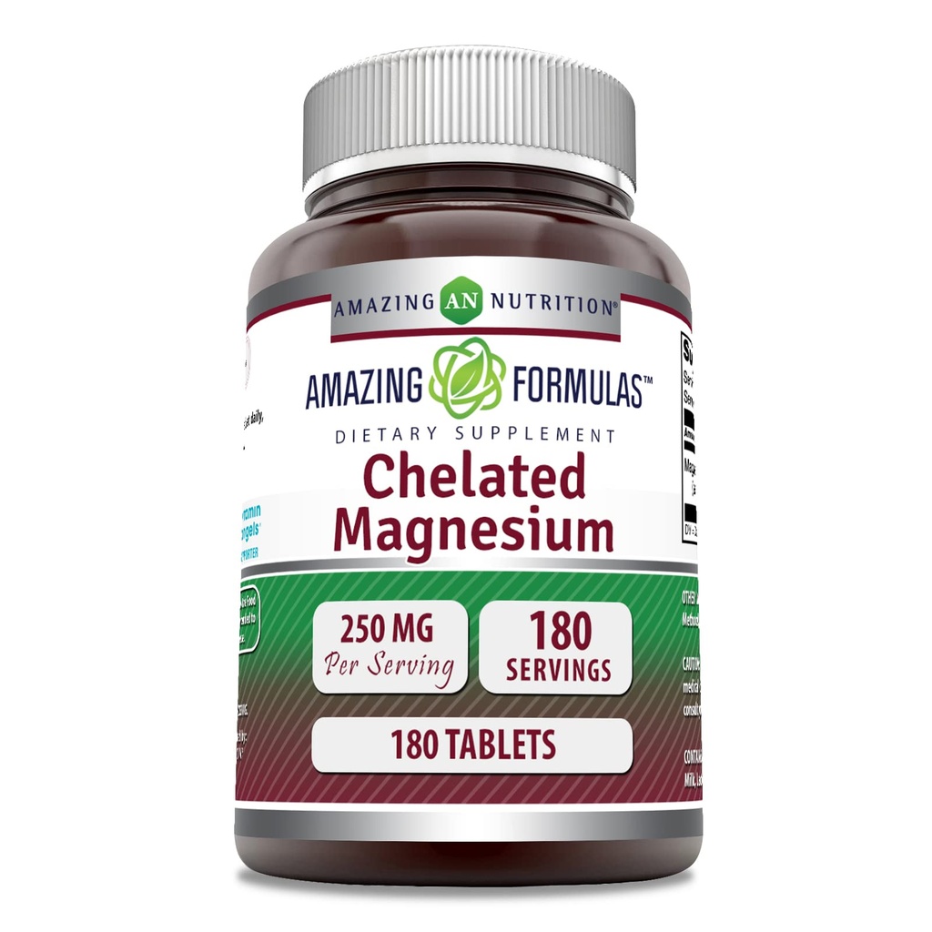 Formules étonnantes Supplément de magnésium chélaté de 250 Mg de 180 comprimés non-OGM de 250 Mg de sucre fabriqué aux États-Unis