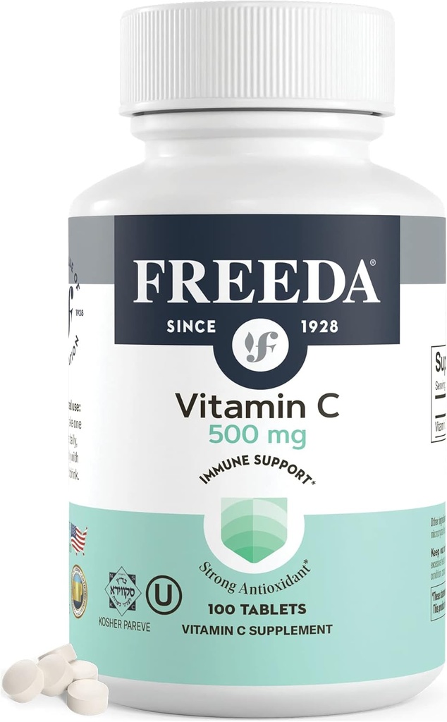 FREDA Vitamine C - Vitamine végétale C 500mg - Casher - Support antioxydant puissant - Vitamines C faciles à avaler Comprimés comme acide ascorbique - Vitamine pure C 500 mg - Supplément VIT C (100 Nombre)