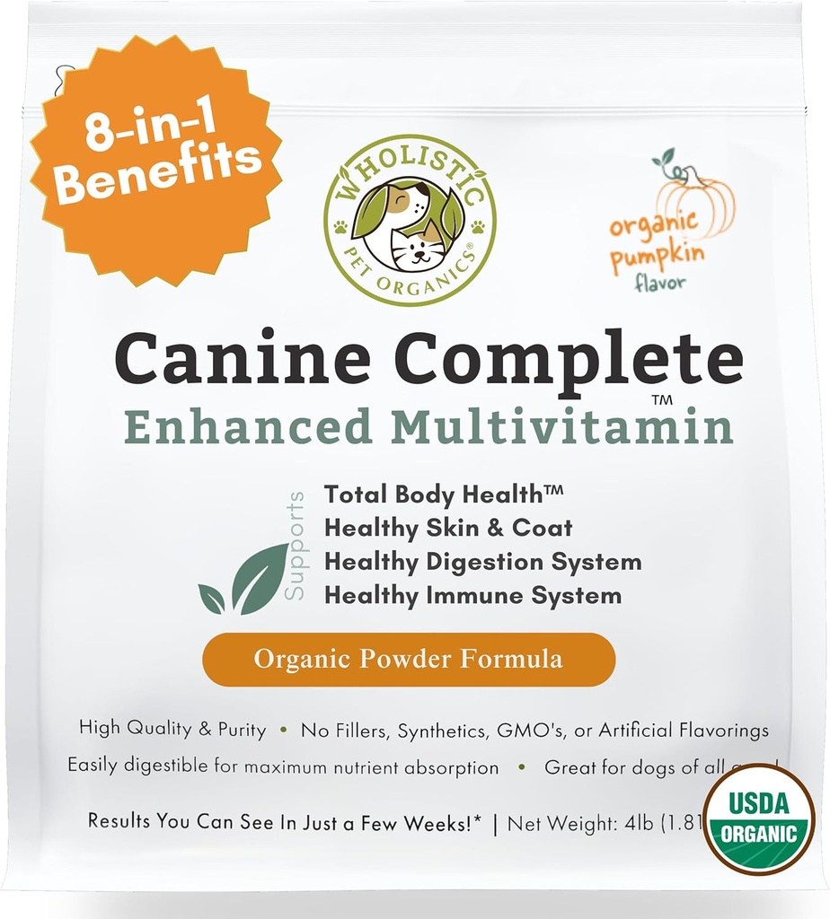 Wholistic Pet Organics Canine Complete - Poudre de multivitamines pour chien - 4 Lb - Vitamines et suppléments quotidiens pour chien pour les aliments maison - Système immunitaire, peau, manteau et santé générale - Petite et grande race
