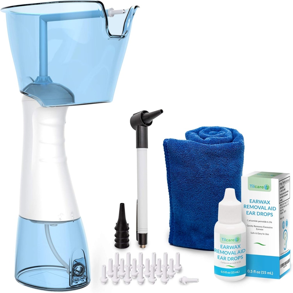Electric Ear Wax Removal Kit by Tilcare - Rechargeable Ear Cleaning Machine for Ear Irrigation - Complete Ear Flush Kit for Adults & Kids - Ear Lavage System with Ear Drops, Otoscope, Towel & 30 Tips