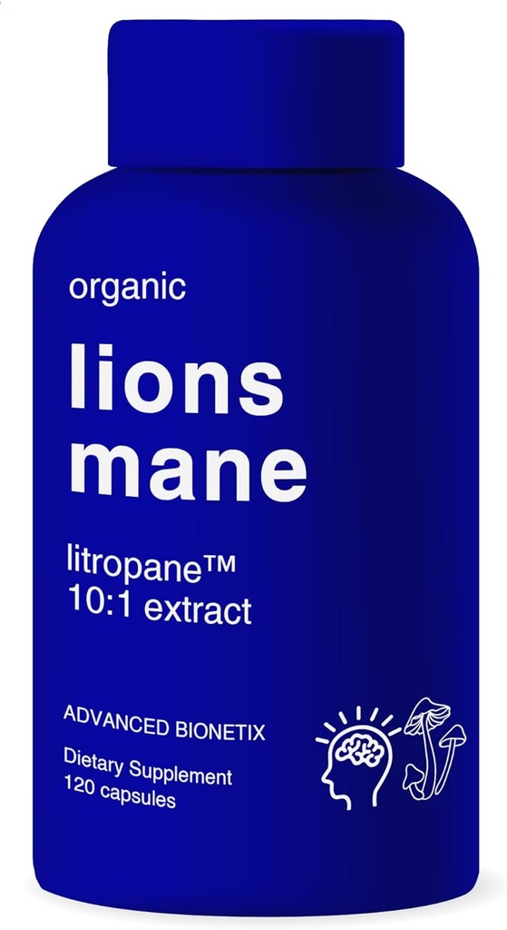 Complément biologique Lions Mane 120 Capsules. Soutien Cerveau Système Immune Nootropique Support Champignon Supplément. 10X Extrait similaire à 18 000mg, contient un brevet en instance de LitropaneTM