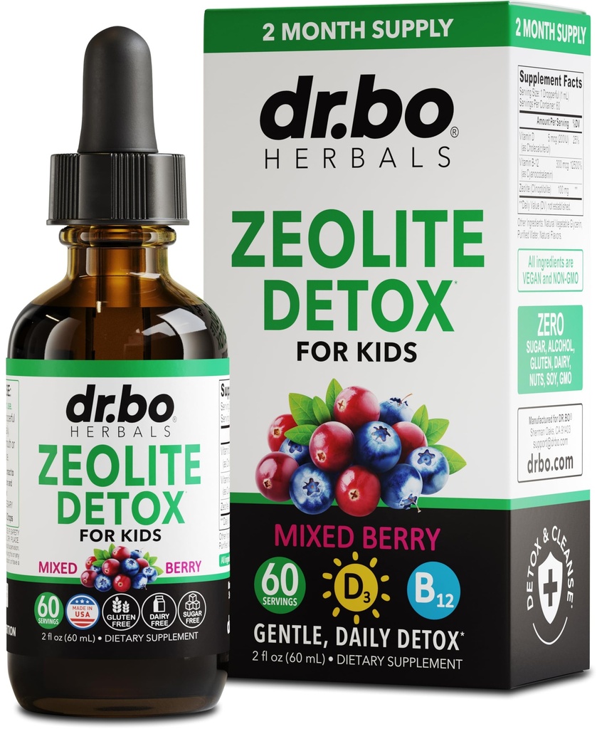 Détox zéolite pour enfants gouttes liquides - Clinoptilolite avancée avec vitamines pures B12 & D - Enfants corps doux nettoyage quotidien Focus et discours extra Clinoptilolite gouttes zéolite nettoyage supplément 2oz