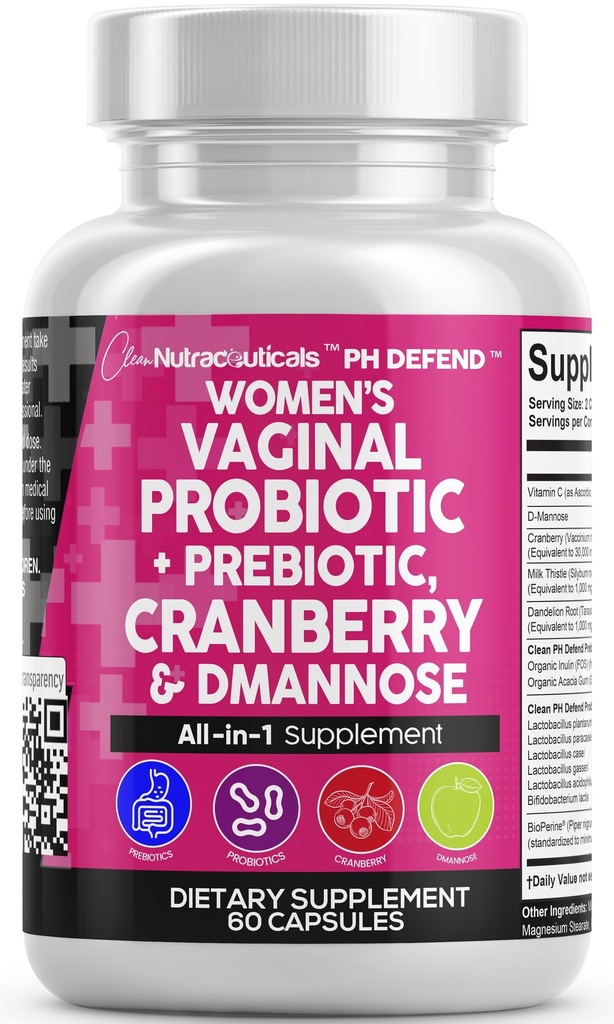 Nutraceutiques propres Probiotiques vaginaux pour les femmes avec canneberge, D-mannose, prébiotiques, soutien de l'équilibre du pH, santé féminine, nettoyage du tract urinaire – Capsule alternative aux gommes – 60 Nombre