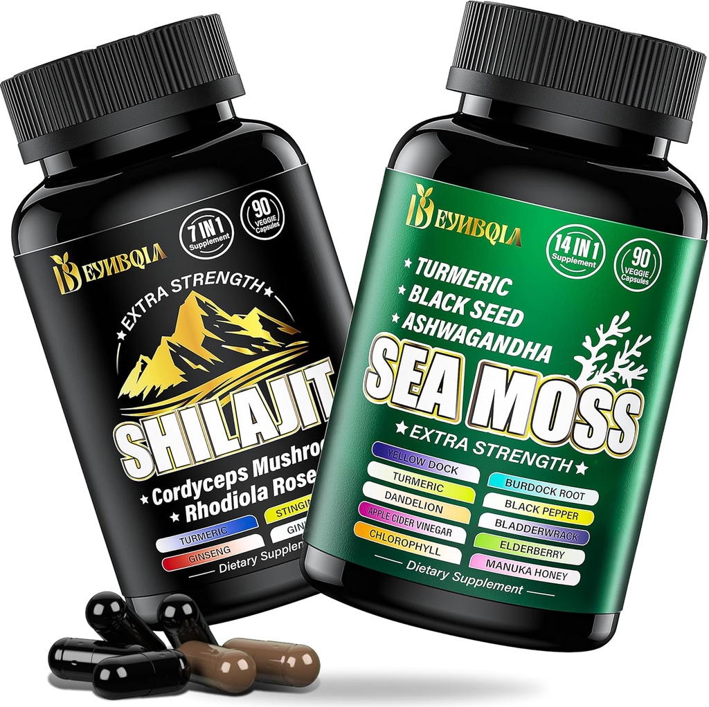 Morceau de mousse de mer et shilajit - 90 Comte - Morceau de mousse de mer, huile de graines noires, Ashwagandha, Turmeric & Shilajit, Rhodiola Rosea, Burdock, Bladderwrack 21 en 1 Suppléments (2 paquets) Brun