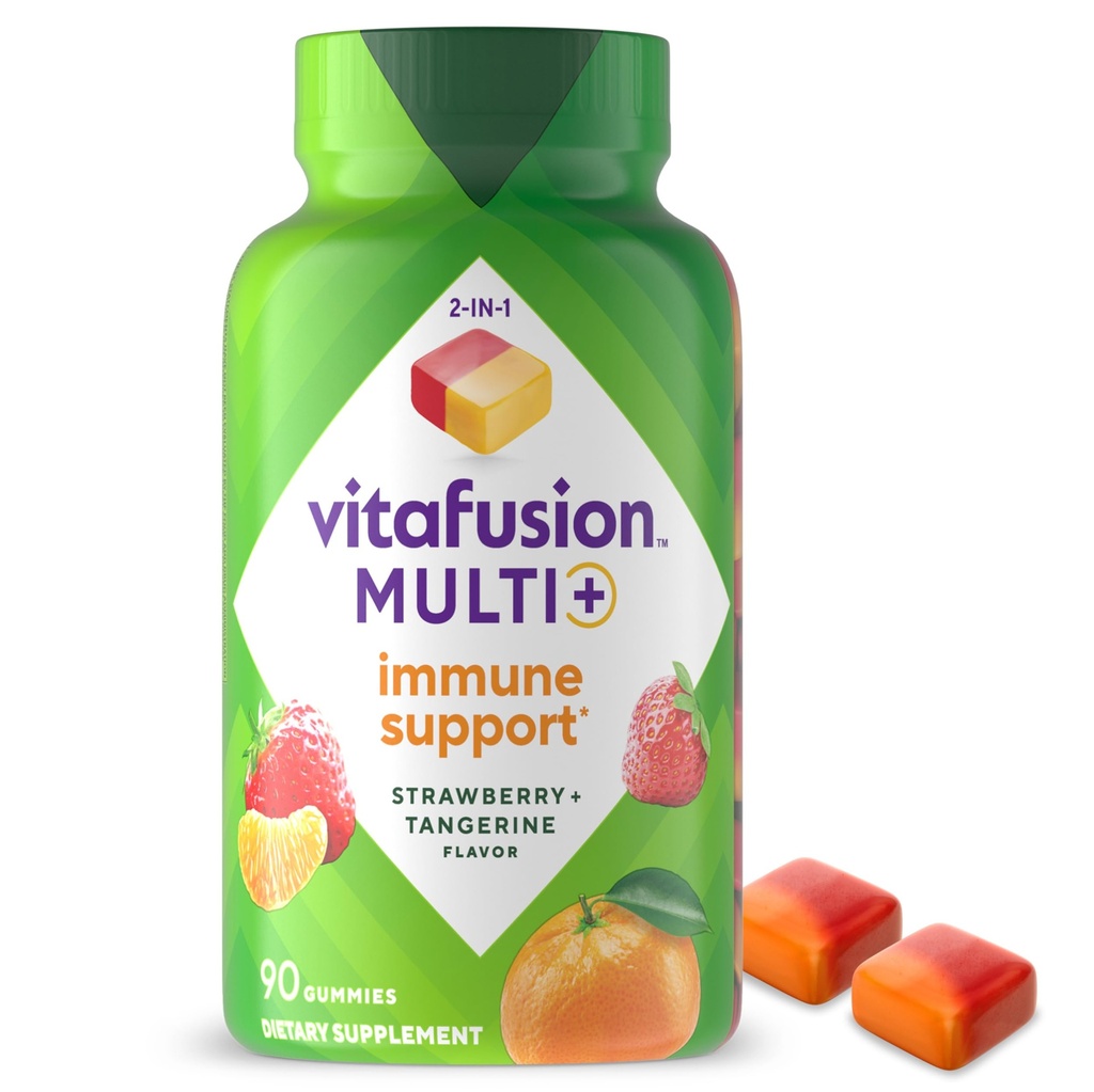 Vitafusion Multi+ Immune Support* – 2-en-1 Avantages et saveurs – Vitamines gommées adultes avec vitamine C, zinc, multivitamines quotidiennes, 90 Compte
