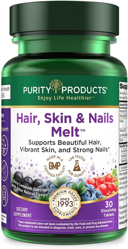 Produits de pureté Cheveux, peau + ongles Melt 1000mcg B-12 + 2500mcg Biotine Énergie Melt - Delicious Berry Lemonade Saveur avec/Super Fruits - B12 méthylcobalamine - 30 comprimés de fusion