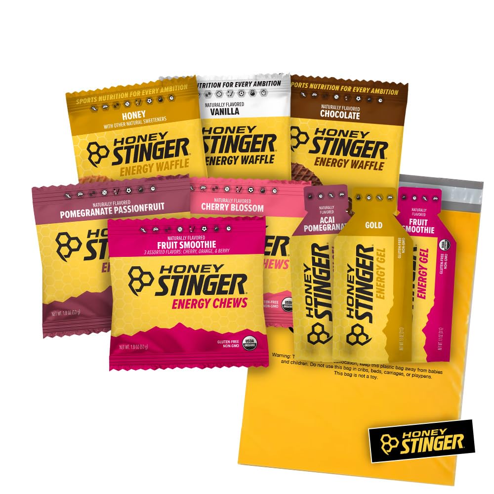 Honey Stinger Training Kit – 9 Count Plus Sticker et Polybag – Source d'énergie pour toute activité – 3 gaufres organiques, 3 paquets d'énergie Chews et 3 gels d'énergie
