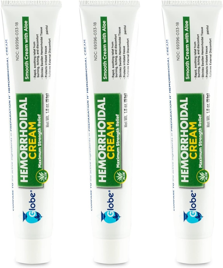 Globe (3 Pack) Crème hémorroïde, Relief avec Aloe, (1,8 Ounce Tube) Relief d'hémorroïdes, Piles, Démangeaisons, Brûlures, Désagrément, et plus
