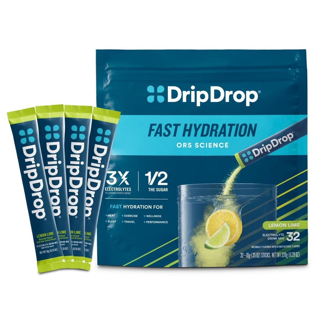 Paquets d'hydratation DripDrop - Lime citron - Mélange de boissons en poudre d'électrolytes à usage unique - Non-OGM, sans gluten, végétalien - 32 bâtonnets